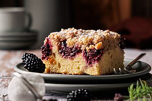 Saftiger Brombeer Streuselkuchen vom Blech in der Nahaufnahme, mit knusprigen Streuseln und deutlich sichtbarer Frangipane-Schicht auf Teller angerichtet.