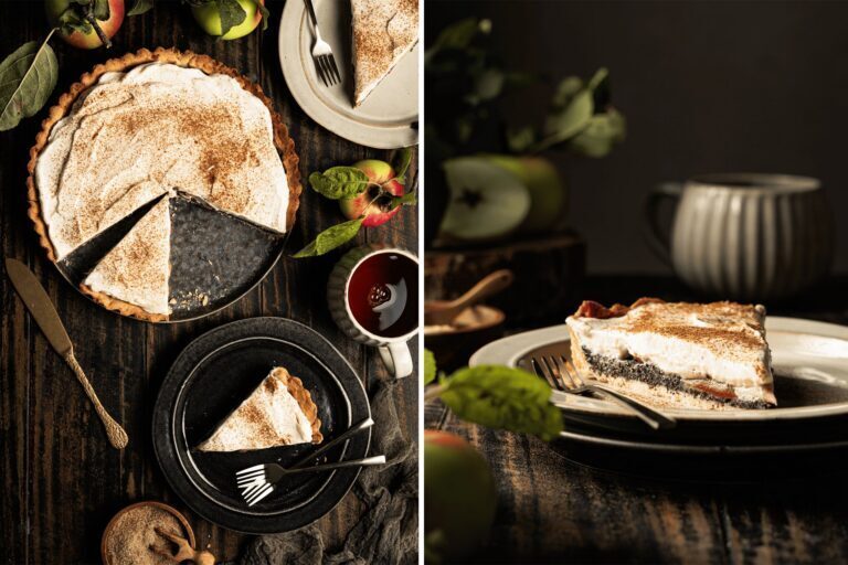 Apfel Mohn Tarte mit Sauerrahmcreme, samtige Mohnfüllung und Zimtäpfel auf Tarteform