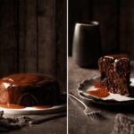 Apfel Schoko Kuchen mit glänzender Salzkaramellglasur auf Kuchenplatte