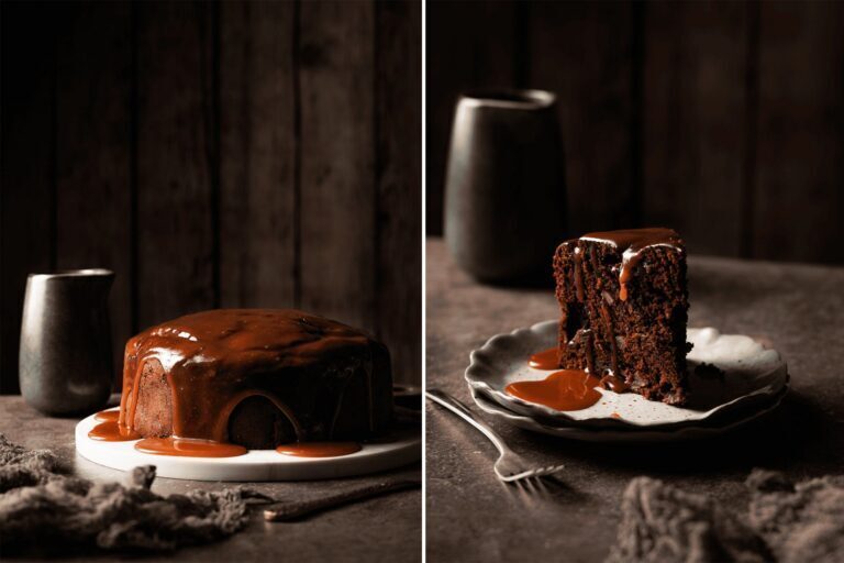 Apfel Schoko Kuchen mit glänzender Salzkaramellglasur auf Kuchenplatte