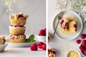 Himbeer Streusel Muffins mit knusprigen Butterstreuseln und saftigen Himbeeren auf einem Kuchengitter