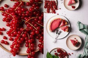 Käsekuchen mit Johannisbeer Curd auf einer Kuchenplatte, angeschnitten mit sichtbarer cremiger Füllung und fruchtiger Curd-Schicht