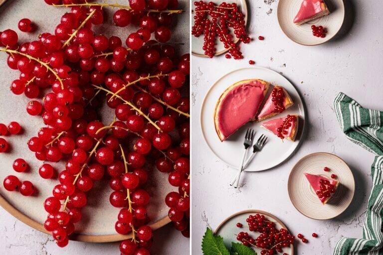 Käsekuchen mit Johannisbeer Curd auf einer Kuchenplatte, angeschnitten mit sichtbarer cremiger Füllung und fruchtiger Curd-Schicht