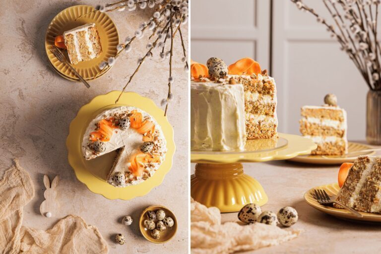 Dekorierte Karotten Torte mit Frischkäse Creme, Karottenstreifen und gehackten Nüssen auf gelber Tortenplatte