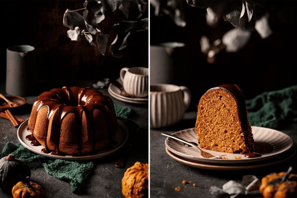 Kürbis Nuss Gugelhupf mit Schoko Ganache auf Kuchenplatte, dekoriert mit Schokoladenglasur