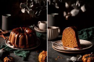 Kürbis Nuss Gugelhupf mit Schoko Ganache auf Kuchenplatte, dekoriert mit Schokoladenglasur