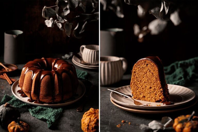 Kürbis Nuss Gugelhupf mit Schoko Ganache auf Kuchenplatte, dekoriert mit Schokoladenglasur