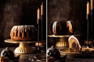 Kürbis Schoko Gugelhupf mit Ahornsirup Frischkäse Glasur auf Kuchengitter mit herbstlicher Dekoration