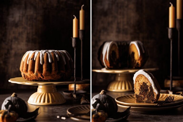 Kürbis Schoko Gugelhupf mit Ahornsirup Frischkäse Glasur auf Kuchengitter mit herbstlicher Dekoration