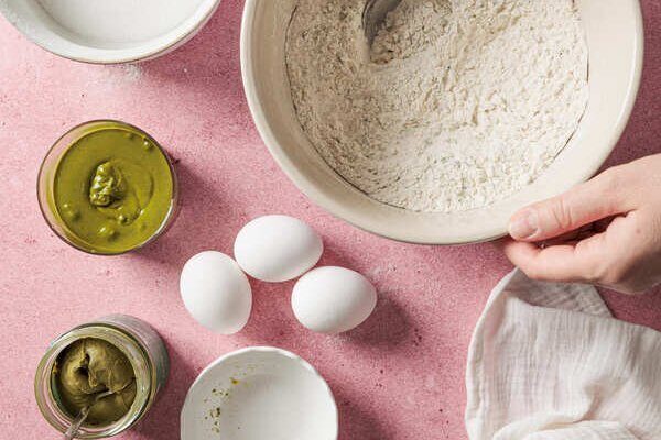 Gehackte Pistazienkerne und geröstete Mandeln in Schälchen