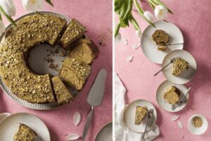 Saftiger Pistazienkuchen mit cremigem Pistaziencreme-Topping und gerösteten gesalzenen Pistazien