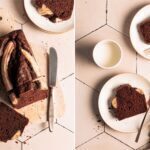 Schoko Bananenbrot ohne Zucker mit karamellisierter Banane auf Schneidebrett