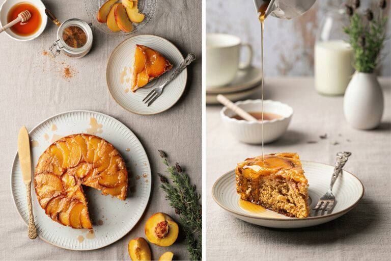 Upside Down Pfirsichkuchen mit karamellisierten Pfirsichen auf einer Kuchenplatte