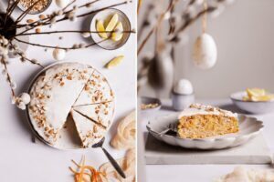 Veganer Karottenkuchen mit Zitronenglasur und gerösteten Mandeln, angeschnitten auf Teller mit Osterdekoration