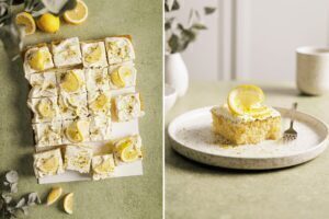 Saftiger Zitronenkuchen mit Buttermilch vom Blech mit cremigem Frischkäse Topping und Pistazien