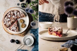 Zwetschgen Grießkuchen mit Zimtstreuseln von oben fotografiert